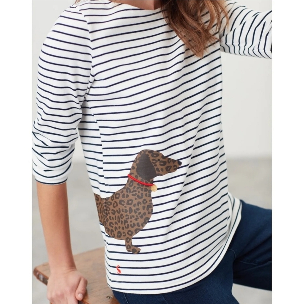 Joules White Black Striped Dachshund Dog Long Sleeve Top SZ 10 - Picture 2 of 6